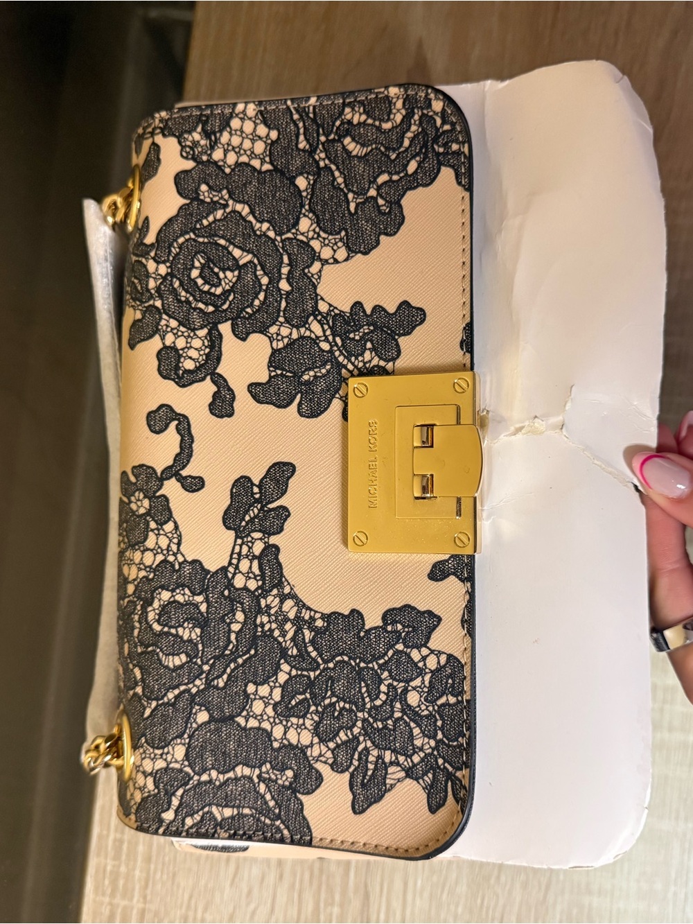 Michael Kors Beige Shoulder Bag with Black Lace Overlay and Gold Hardware